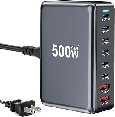 500W USB C Charger Block, 8-Port USB Charging Station with Dual 100W PD