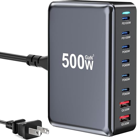 500W USB C Charger Block, 8-Port USB Charging Station with Dual 100W PD