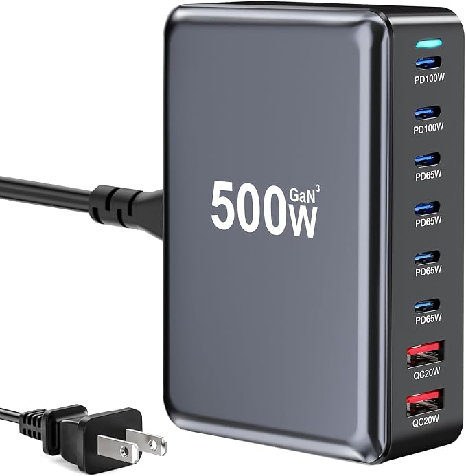 500W USB C Charger Block, 8-Port USB Charging Station with Dual 100W PD