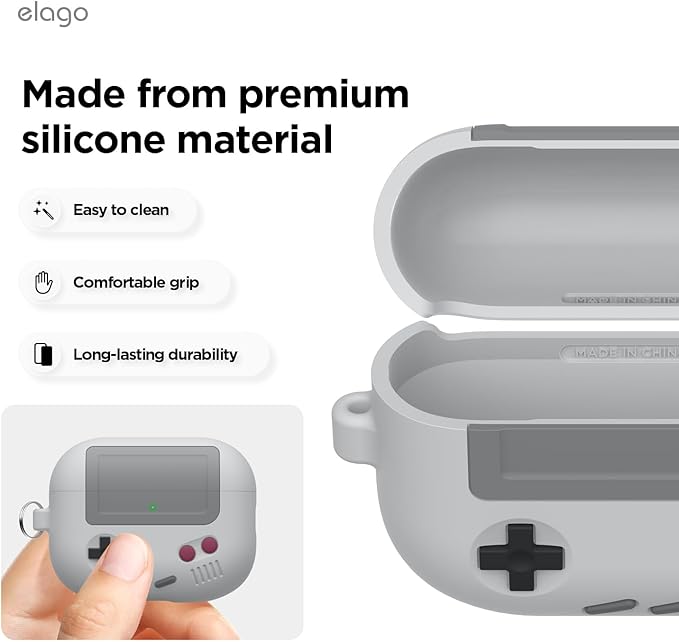 elago AW5 Compatible with AirPods Pro 3 Case Cover - Classic Retro Handheld Game Console Design Case, Carabiner Included [Light Grey]