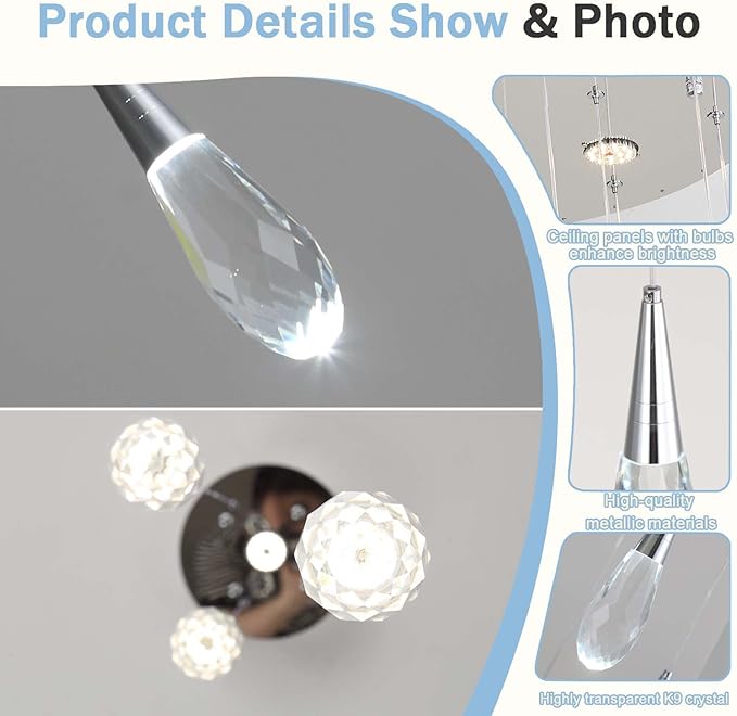 H118 Chandeliers for High Ceiling Chrome Modern Crystal Pendant Light 12-Lights Crystal Raindrop Chandelier for Living Room Staircase Villa