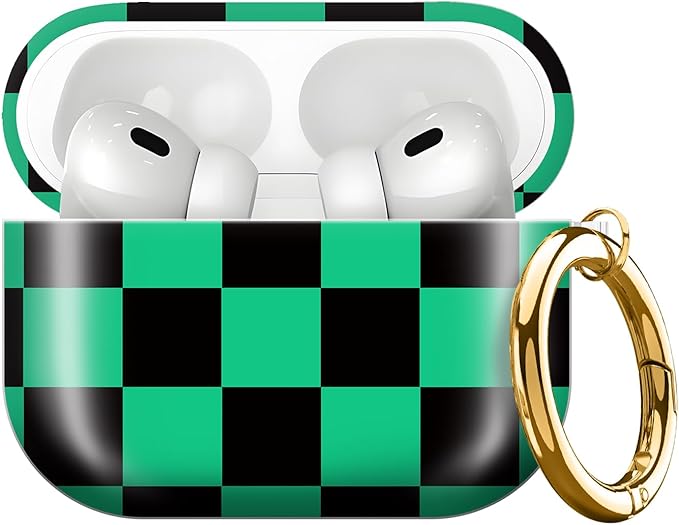 Compatible with AirPods Pro 3rd Generation 2025 Case Cover with Gold Keychain - Cute Protective Hard AirPod Pro 3 Cases for Women - Green Black Checkered
