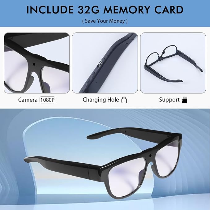 Camera Glasses Smart Video Glasses,HD 1080p Recording Outdoor Sport Glasses with Camera Wearable Eyeglass Built-in 32G Memory Card，Perfect for Outdoor Travel, Driving, and Hiking. (Retro)