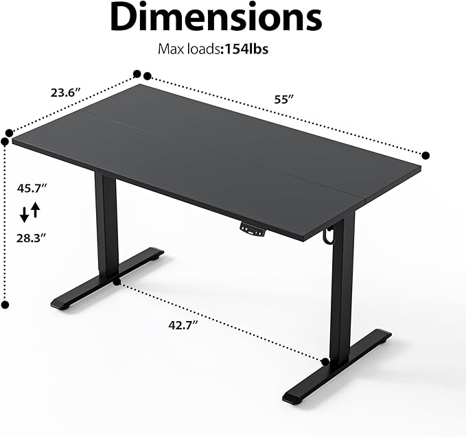 Height Adjustable Electric Standing Desk, 55 x 24 Inches Stand Up Desk, Ergonomic Raising Computer Table with Memory Preset Button, Two-Piece Desktop, Black