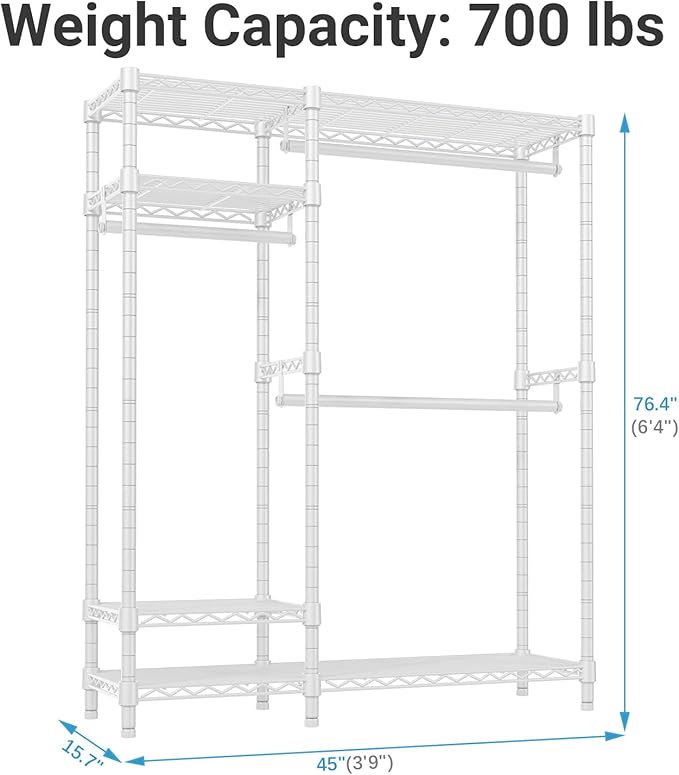 VIPEK V2 Heavy Duty Clothes Rack 4 Tiers Wire Shelving Garment Racks with 3 Hanging Rods Compact Freestanding Closet Metal Closet Rack, Max Load 700LBS, White