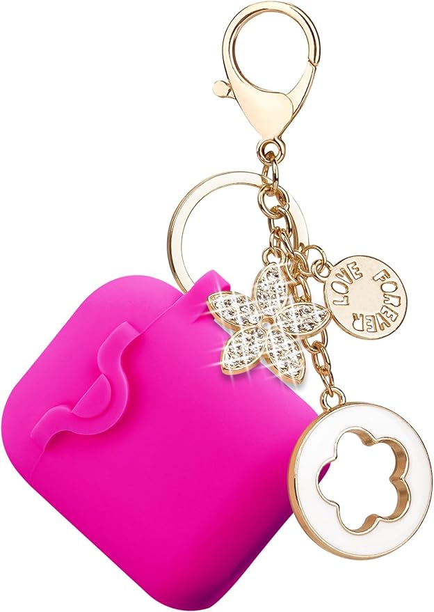 Secure Lock Silicone Case Compatible with AirPods 1 & 2, Bling Keychain, Soft Protective Earpod Case Cover, Women Girls for Apple Air Pod 2 - Hot Pink
