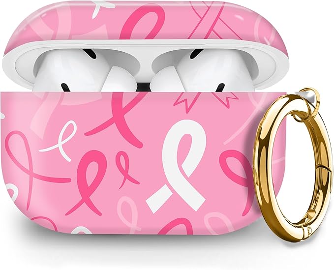 Cute Hard Case Compatible with AirPods Pro 2nd/1st Generation, Protective Cover with Golden Keychain, Fits 2023/2022/2019 Models, for Women, Girls, and Men(Pink Ribbon)