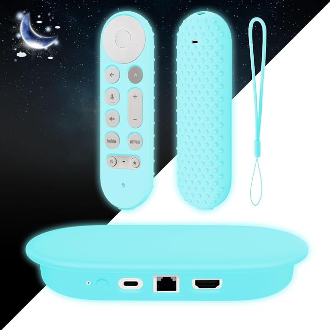 Silicone Glow Cover Case for Google TV Streamer 4K 2024 ，Protective Sleeve Set for Google TV Streamer 4K Host Box +Voice Remote,Anti-Slip Scratch Shock Protection (Glow Blue)