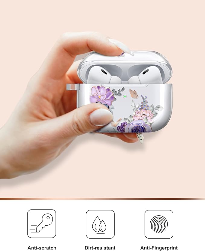 JIAXIUFEN Compatible with AirPods Pro 2019 / Airpods Pro 2nd Generation Case Cover Gold Sparkle Glitter Butterfly Design Cute Full Protective TPU Skin Accessories for Women Girl Flower Purple