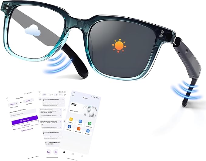 AI Translation Smart Glasses with Chat GPT for Men& Women, Bluetooth 5.4 Sunglasses with Translator 100 Languages,Multifunctional Outdoor UV Protection Glasses for Travel Trade Business-Gray2