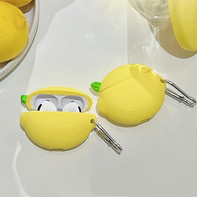 Case Compatible with Airpods 1 & 2, Cute Summer Fresh Lemon Design Keychain Case Cover, Portable Earbuds Accessories Soft Silicone Shockproof Wireless Earphone Protector with Hook Yellow