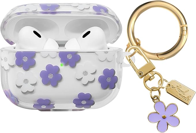 Compatible with AirPods Pro 2 Case Cover 2022, Soft TPU with Cute Flower Pattern for AirPods Pro 2nd/1st Generation Case with Flower Keychain and Carabiner for Girls Women (Purple)