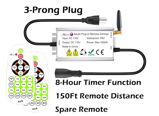 Outdoor Dimmer for String Lights 1500W, IP67 Waterproof/150FT Range/Timer Control/3 Prong Outlet for Outdoor LED String Lights & Incandescent Bulbs, Wireless RF Remote Plug-in Dimmer Switch