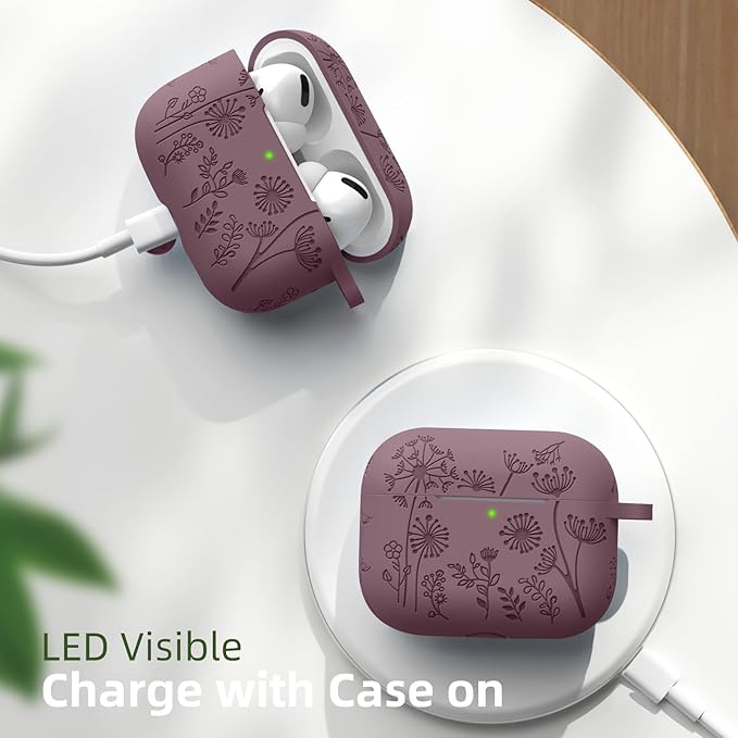 Lerobo Flower Engraved Cover Compatible with Airpods Pro 2 Case USB C, Cute Silicone Skin Cover Full Protective Case for Apple AirPod Pro, Front LED Visible, Smokey Mauve
