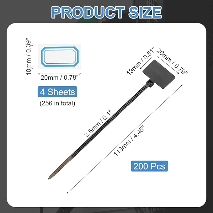 PATIKIL 4inch Zip Ties, 200pcs Cable Ties Tags Nylon Wire Marking Label Self Locking Plastic Straps Write on with Label Tags Paper for Organization Cord Network Ethernet Marking, Black