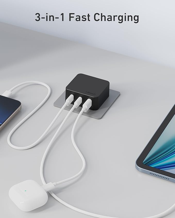 Nekmit 67W Flat USB C Charger Block, 3-Port GaN Fast Wall Charger(2*USB-C & 1*USB-A), USB C Wall Plug with Fixed Prongs for iPhone 17/16 Series, MacBook Pro/Air, iPad, Galaxy and More
