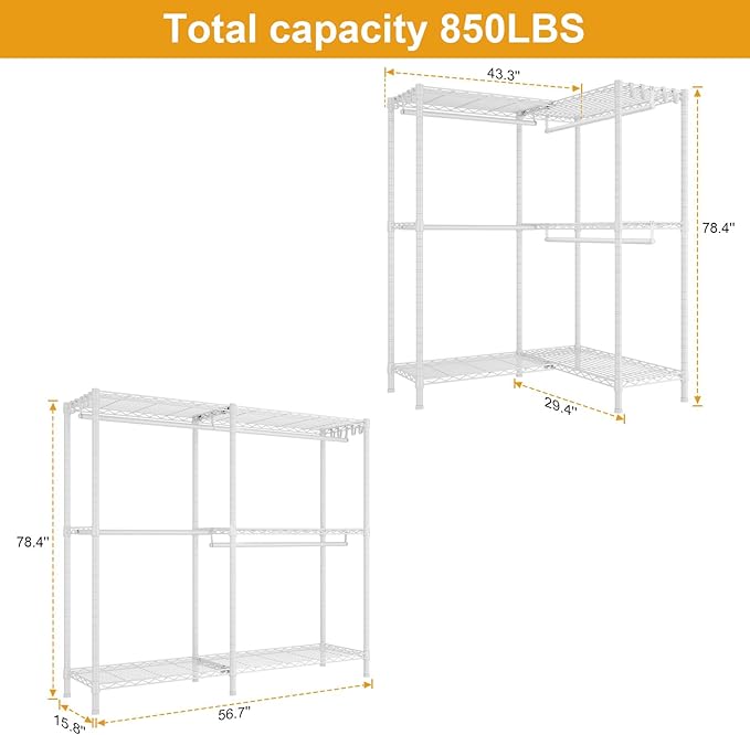E15 Garment Rack L Shaped Clothes Rack for Corner，Freestanding Clothing Racks for Hanging Clothes，Heavy Duty Closet Organizer with 4 Hanging Rods & 8 S Hooks，43.3" W x 29.4" D x 78.4" H，White