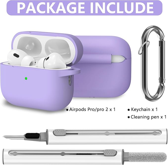 Ljusmicker for AirPods Pro Case Cover with Cleaner Kit,Silicone Protective Cover for Apple AirPod Pro 2nd/1st Generation Cases for Women Men,AirPods Pro 2/Pro Case Accessories with Keychain-Purple