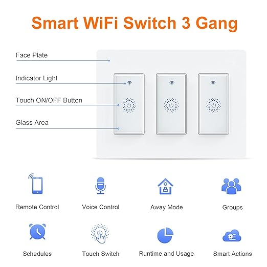 Nexete Smart Wi-Fi Wall Light Switch,Compatible with Alexa Google Assistant & IFTTT Single Pole Smart Switch 3-Pack with 3-Gang Plate