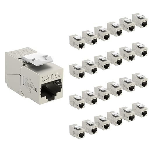Tecmojo UL Listed 10Gbps Cat6A Shielded Keystone Jack Insert 25 -Pack, 180 Degree Punch Down RJ45 Keystone Jack Adapter Slim Profile for Patch Panel & Wall Plate, Sliver