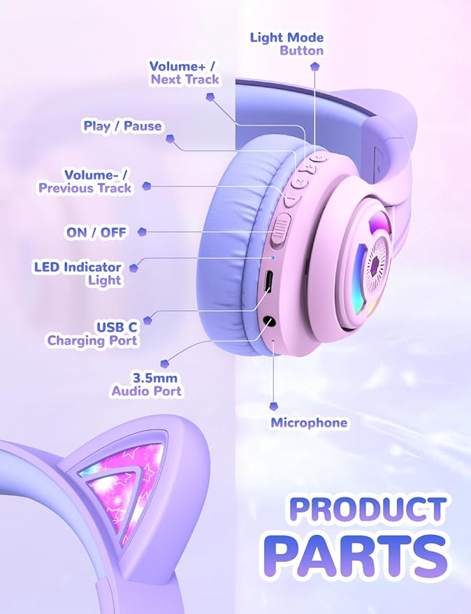 iClever Cat Ear Kids Bluetooth Headphones, LED Lights Up, 74/85dBA Volume Limited, 50H Playtime,Bluetooth 5.2, USB C, Kids Headphones Wireless for Travel iPad Tablet, Meow Macaron-Gradient Pink