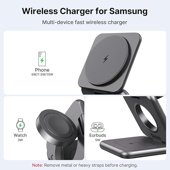KU XIU Wireless Charger for Samsung,Zinc Alloy Foldable 3 in 1 Wireless Charging Station for Samsung Galaxy S26 S25 Ultra S24 S23 Note Z Fold 7 Flip/Buds,Fast Charger for Galaxy Watch Ultra 8 7 6 5 4