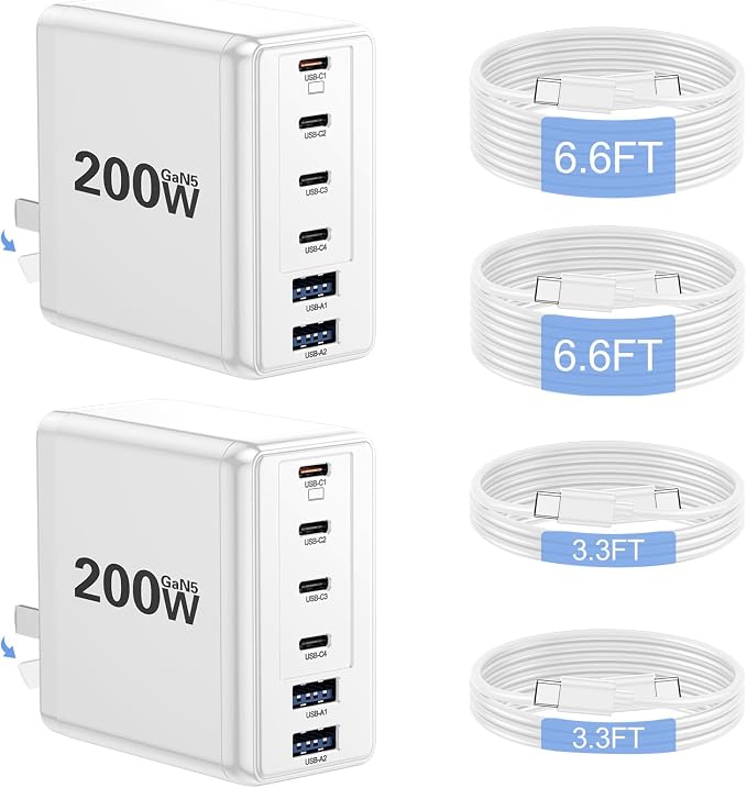 Lcssio 2 Pack 200W USB C Charger with 4 USB Cables, 6-Port Wall Charger - Image 8