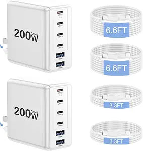 Lcssio 2 Pack 200W USB C Charger with 4 USB Cables, 6-Port Wall Charger - Image 1
