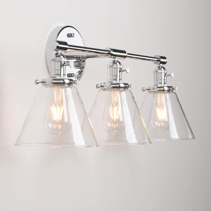 Permo Vintage Industrial Antique Three-Light Wall Sconces with Funnel Flared Clear Glass Shade (Chrome)