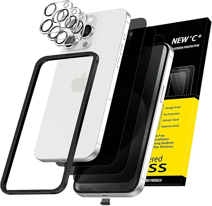 NEW'C 3x Privacy Screen Protector for iPhone 15 Pro Max (6.7 inches)+ 3x Camera Lens Protector, Sensor Protection, Case Friendly Tempered Glass Film, Ultra Resistant, Easy installation tool included