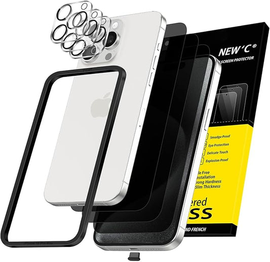 NEW'C 3x Privacy Screen Protector for iPhone 15 Pro Max (6.7 inches)+ 3x Camera Lens Protector, Sensor Protection, Case Friendly Tempered Glass Film, Ultra Resistant, Easy installation tool included
