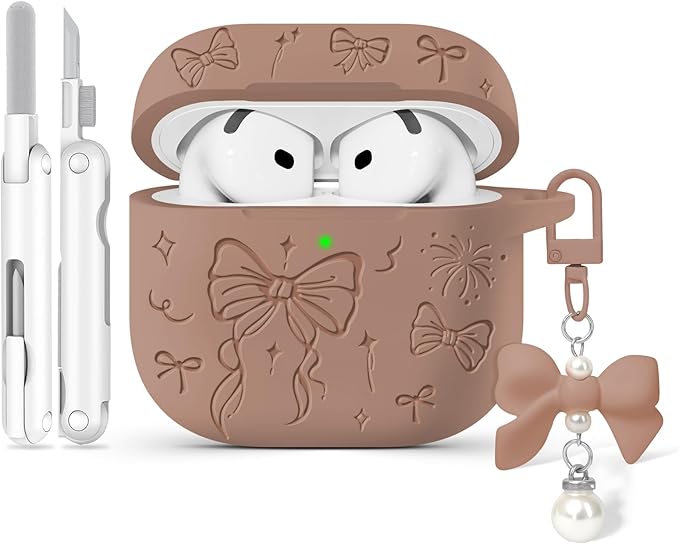 for Airpods 4 Case Cover, Joremx Cute Bow Engraved Silicone Protective Case Cover with Keychain, Cleaner Kit for AirPods 4th Generation Case 2024 (Light Brown)