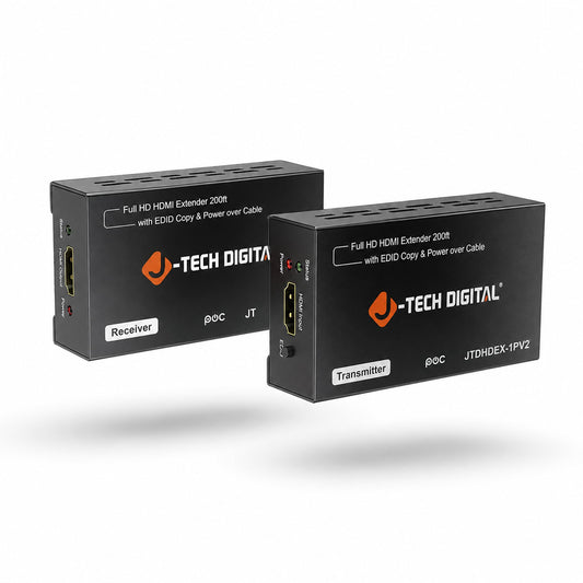 J-Tech Digital HDMI Extender Over CAT5e/6/7 with PoC 1080P@60Hz up to 165ft, HDMI Balun Over Single Ethernet Supports EDID Copy Compatible with Dolby Digital DTS [JTDHDEX-1PV2]