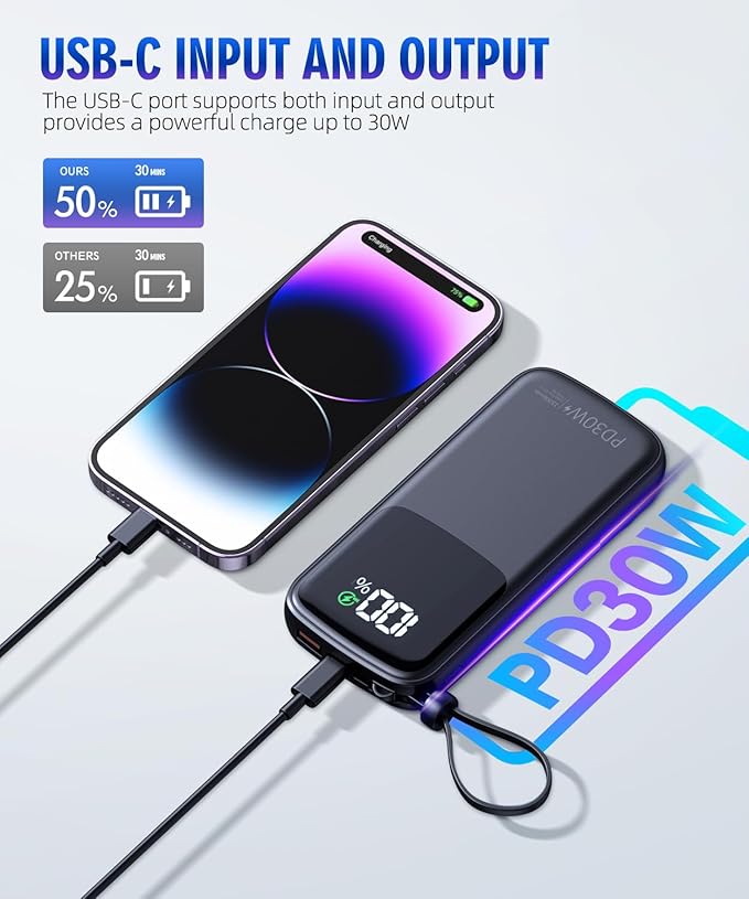 Portable-Charger-Power-Bank - 15000mAh Power Bank Supports PD 30W Fast Charging Built-in AC Wall Plug and 2 Output Cables with LED Display for iPhone iPad and Most Electronic Devices(Black)