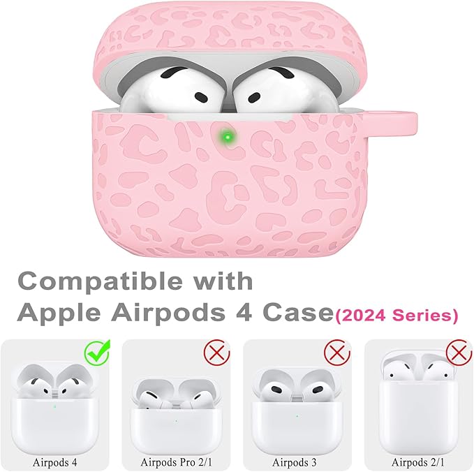 Engraved Leopard Case Compatible with AirPods 4th Generation Carving Cover with Keychain, Skin Soft Cover for Compatible with AirPods 4 Case Full Protection,Front LED Visible, Pink