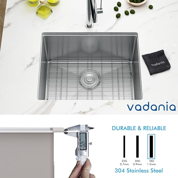 VADANIA Kitchen Bar Sink 22-inch, 22"x18"x10", Single Bowl, Undermount, 18 Gauge T304 Stainless Steel, Satin Finish, with Strainer & Bottom Grid, cUPC listed