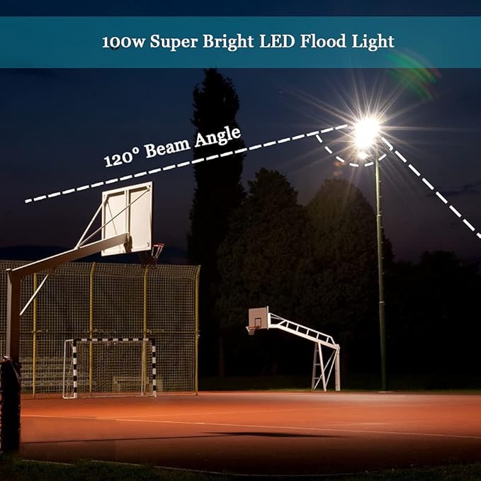 100W LED Flood Lights Outdoor, 10000LM Super Bright Flood Light with Plug, IP66 Waterproof Safety Work Lights for Yard, Garden, Playground, Basketball Court (2 Pack)