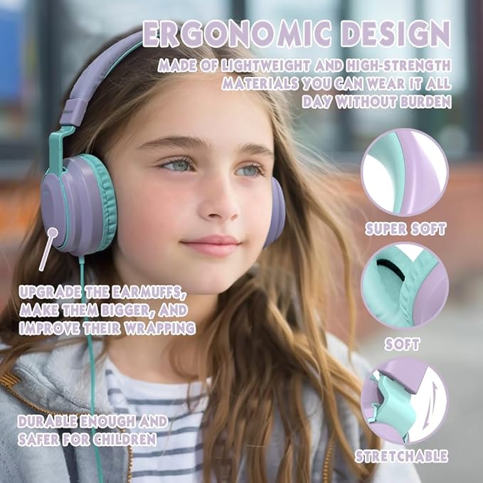 Headphone Kids Volume Limited 85/94dB Wired Over-Ear/On-Earr Foldable Headset with Inline Cable Aux 3.5mm Cord Mic for Toddler Boy Girl Child Back to School Pad Tablet Light Purple