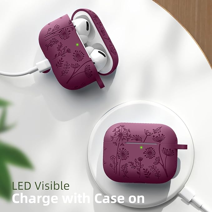 Lerobo Purplish Red Silicone Case for AirPods Pro 2/1 2023/22/19, Floral Engraved Protective Cover with Keychain, Portable Electronic Device Cover