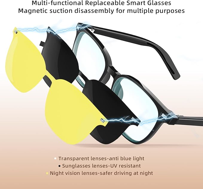 Smart Glasses for Men Women, Bluetooth-Audio Glasses with Clear Blue Light Glasses & UV400 Polarised Magnetic Lenses, Auto On/Off, Call/Music, Unisex Intelligent Sunglasses for Cycling Driving (G05)