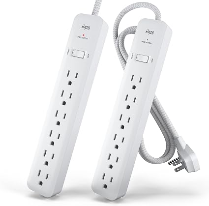 KMC 6-Outlet Surge Protector Power Strip 4 ft cord 2-Pack, 1080J Power Surge Protector, 4-Foot Long Braided Extension Cord with Multiple Outlets, Power Strip Surge Protector, 6 Power Outlet, Flat Plug