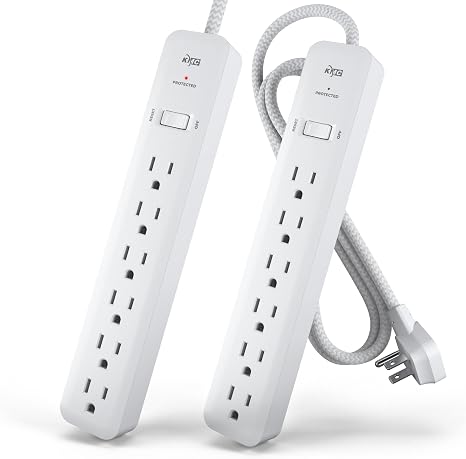 KMC 6-Outlet Surge Protector Power Strip 4 ft cord 2-Pack, 1080J Power Surge Protector, 4-Foot Long Braided Extension Cord with Multiple Outlets, Power Strip Surge Protector, 6 Power Outlet, Flat Plug