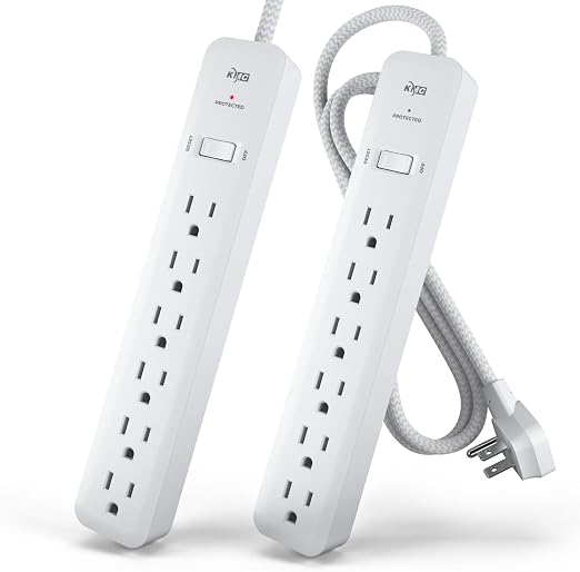 KMC 6-Outlet Surge Protector Power Strip 4 ft cord 2-Pack, 1080J Power Surge Protector, 4-Foot Long Braided Extension Cord with Multiple Outlets, Power Strip Surge Protector, 6 Power Outlet, Flat Plug
