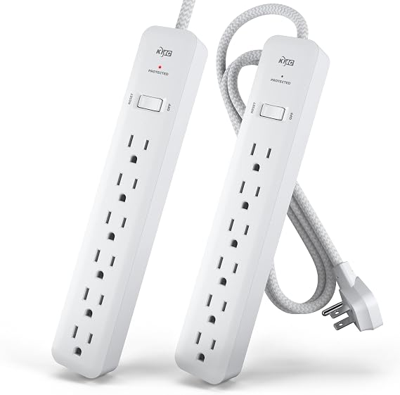 KMC 6-Outlet Surge Protector Power Strip 4 ft cord 2-Pack, 1080J Power Surge Protector, 4-Foot Long Braided Extension Cord with Multiple Outlets, Power Strip Surge Protector, 6 Power Outlet, Flat Plug
