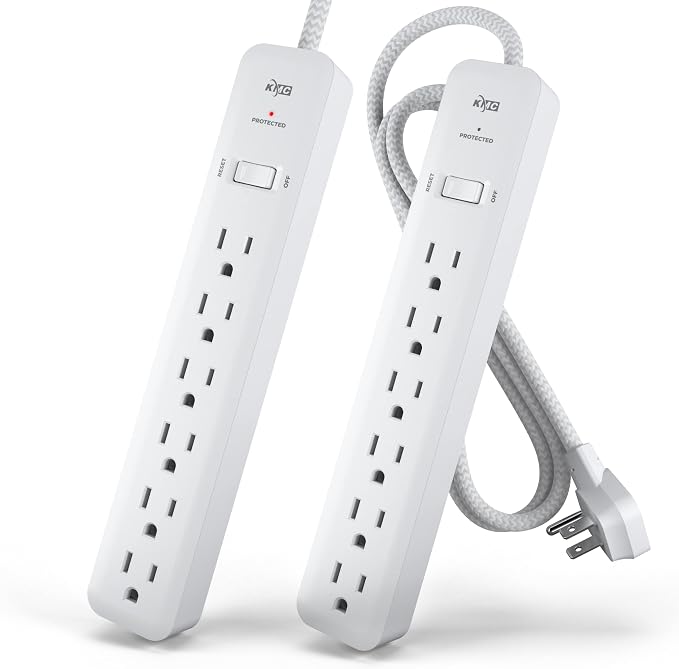 KMC 6-Outlet Surge Protector Power Strip 4 ft cord 2-Pack, 1080J Power Surge Protector, 4-Foot Long Braided Extension Cord with Multiple Outlets, Power Strip Surge Protector, 6 Power Outlet, Flat Plug