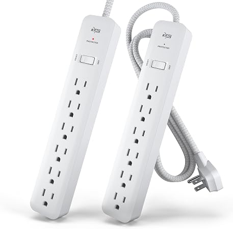 KMC 6-Outlet Surge Protector Power Strip 4 ft cord 2-Pack, 1080J Power Surge Protector, 4-Foot Long Braided Extension Cord with Multiple Outlets, Power Strip Surge Protector, 6 Power Outlet, Flat Plug