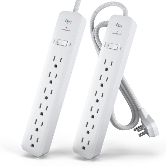 KMC 6-Outlet Surge Protector Power Strip 4 ft cord 2-Pack, 1080J Power Surge Protector, 4-Foot Long Braided Extension Cord with Multiple Outlets, Power Strip Surge Protector, 6 Power Outlet, Flat Plug