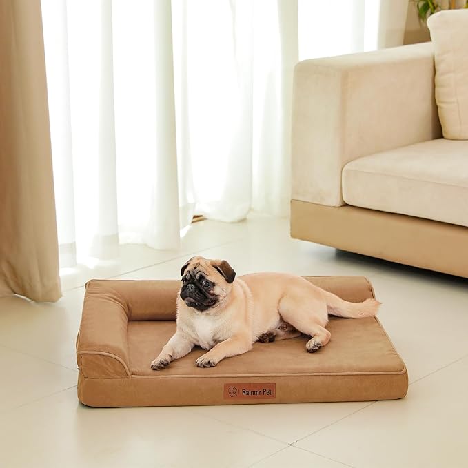 Orthopedic Memory Foam Dog Bed, Removable Washable Microsuede Cover, TPU Waterproof Liner, Nonskid Bottom, for Indoor, Outdoor, Crate ＆ Car Use, 30x20x6 Inches, Khaki