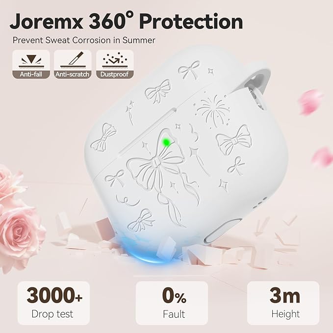 for Airpods Pro 3 Case Cover, Joremx Cute Bow Engraved Silicone Protective Case Cover with Keychain, Cleaner Kit for Airpods Pro 3rd Generation (2025) (White)