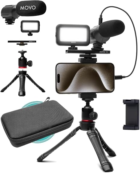Movo USB-C Vlogging Kit for iPhone 15/16 - Phone Video Kit Accessories: Phone Tripod, Phone Mount, LED Light and Shotgun Microphone - Youtube Starter Kit for Content Creation, TikTok, Podcasts